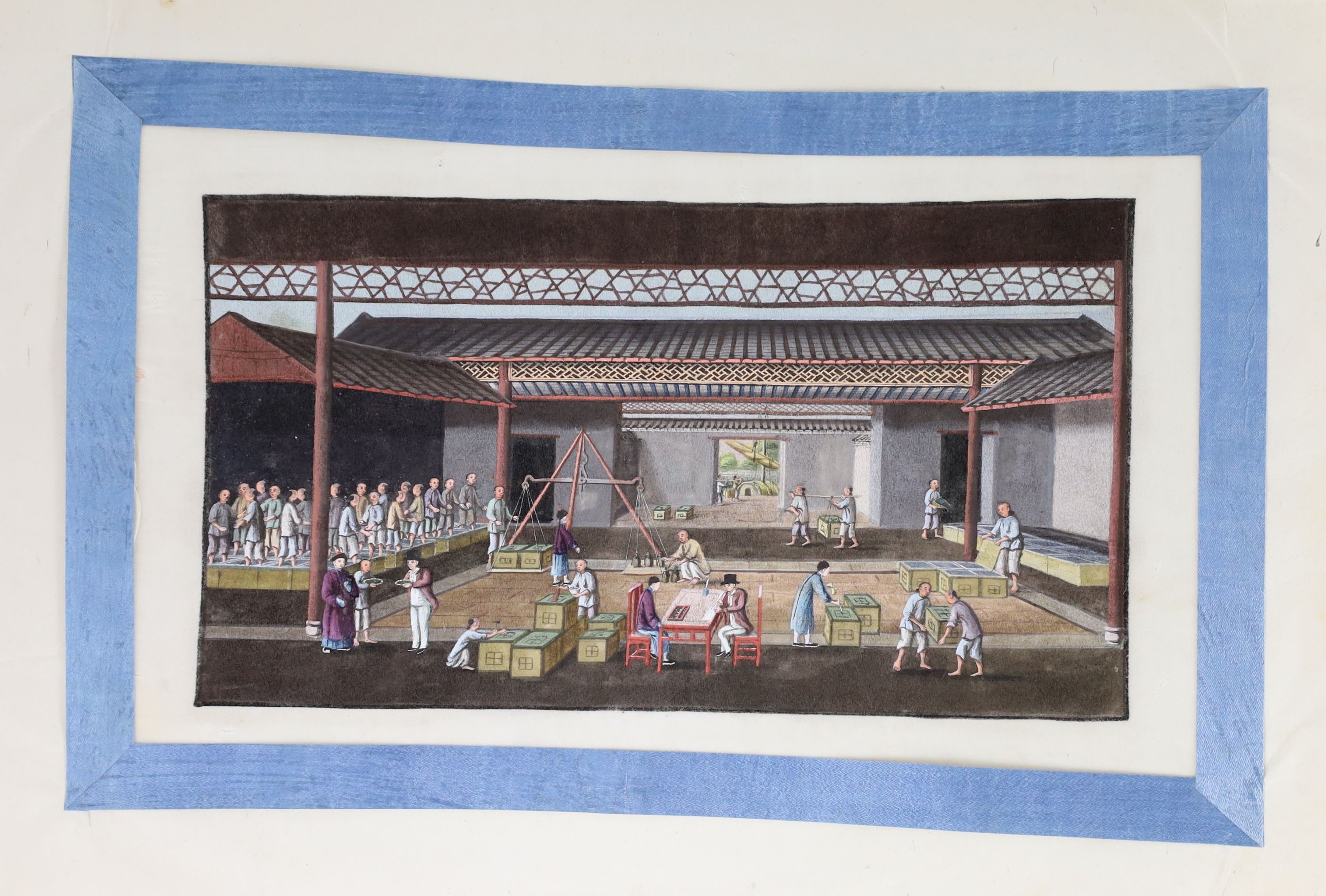 An album of eleven Chinese ‘tea production and trading’ pith paintings, Guangzhou, mid 19th century, Album 25.5 cm X 37 cm, Some losses